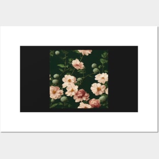 Vintage Ivory Pink flowers on Dark Green Background Posters and Art